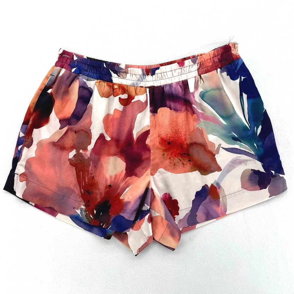 Soma Satin Lounge PJ Shorts Womens Medium Floral Watercolor Elastic Waist Soft